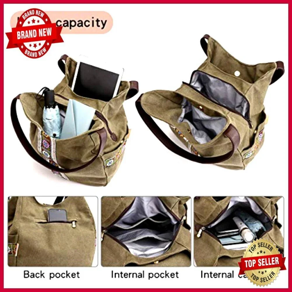 Canvas Hobo Tote Purse with Embroidery Multi Pocket Large Shoulder Bag